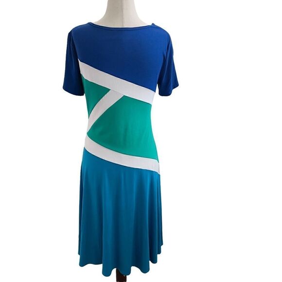Lynn Ritchie Silver Graphic Color Block Short Sleeve Midi Dress Blue + Green S - Picture 6 of 9